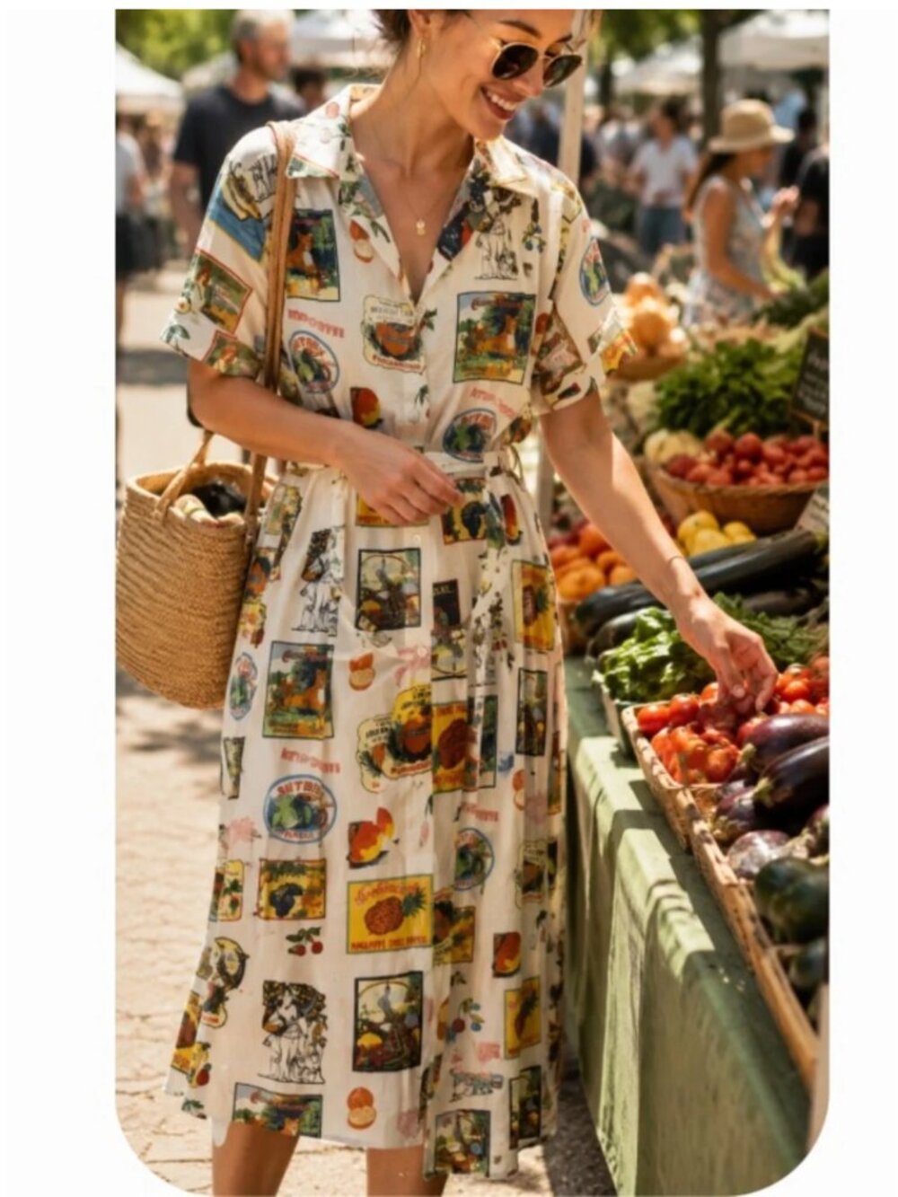 Jane and Delancey Fruit Crate Novelty Printed Linen Blend Midi Dress Size M
